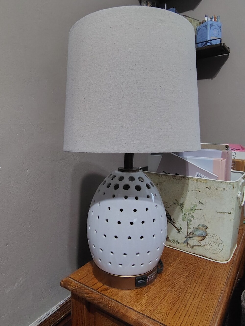 Ceramic White Table Lamp with Perforated Base And Us  Charging Port